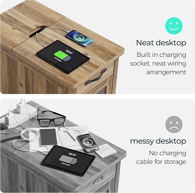 LINSY HOME End Table Set of 2 with Charging Station, Modern Farmhouse Sofa Couch Side Table, Wooden Bedside Table for Living Room, Nightstand with Storage Cabinet for Small Space, Brown, Glass Door