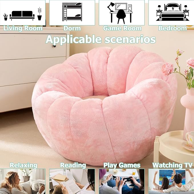 Pumpkin Bean Bag Sofa Chair for Adult, Beanbag Couch with Filler for Reading and Relaxation, Comfy and Lazy Sofa for Dorm, Apartment, Living Room and Bedroom, Pink