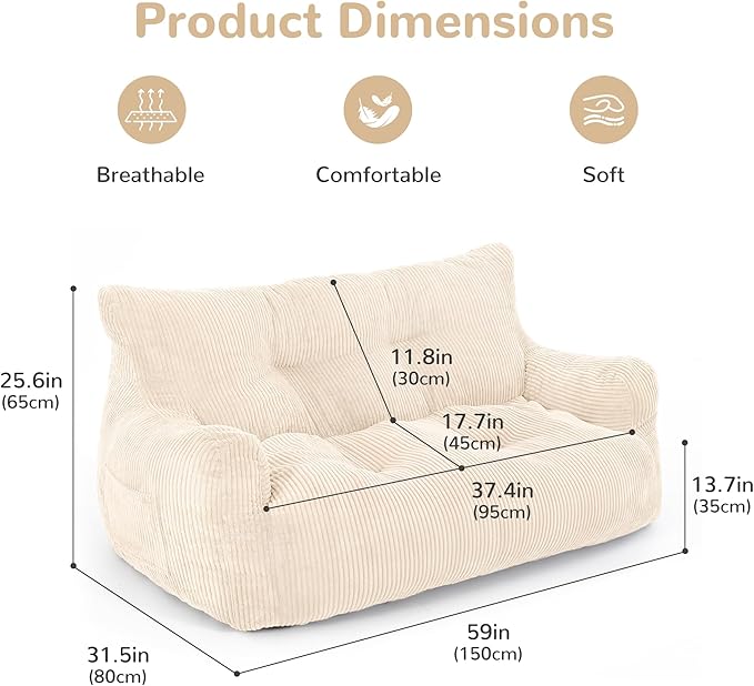 Pamapic Bean Bag Chair,2 Seat Loveseat Sofa,Ultra Soft Dutch Velvet,Fluffy Comfort Washable Cover,Corduroy Lazy Sofa Bed for Adults,Fit Living Room, Bedroom,Outdoor Spaces,White