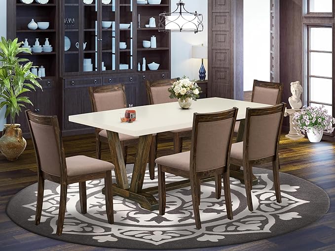 East West Furniture V727MZ748-7 7 Piece Dining Table Set Consist of a Rectangle Dining Room Table with V-Legs and 6 Coffee Linen Fabric Parsons Chairs, 40x72 Inch, Multi-Color