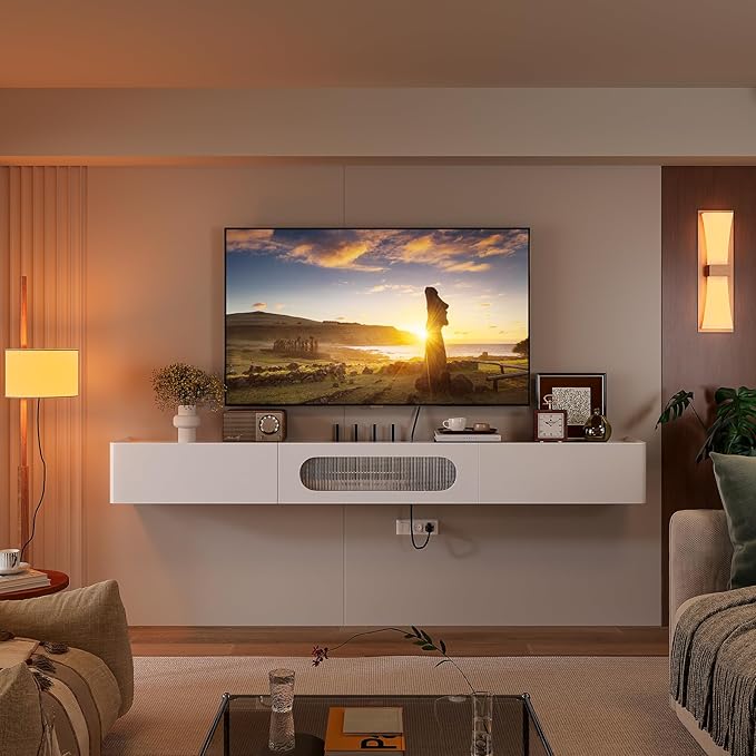 Floaticase Floating TV Stand, 70IN Fully Assembled Hign Gloss Wall Mounted TV Console with Flip-Down Door & Drawers for Livingroom, Bedroom