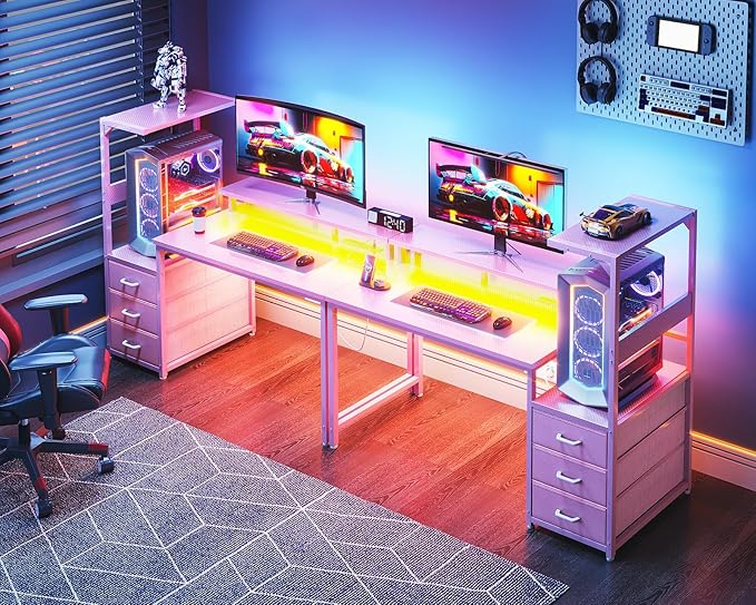 AODK 52 Inch Gaming Desk with USB Charging Ports & LED Light- Reversible Computer Desk with Storage Shelves & Monitor Stand, Modern Gamer Desk Table with Fabric Drawers & Side Hook, Carbon Fiber Pink