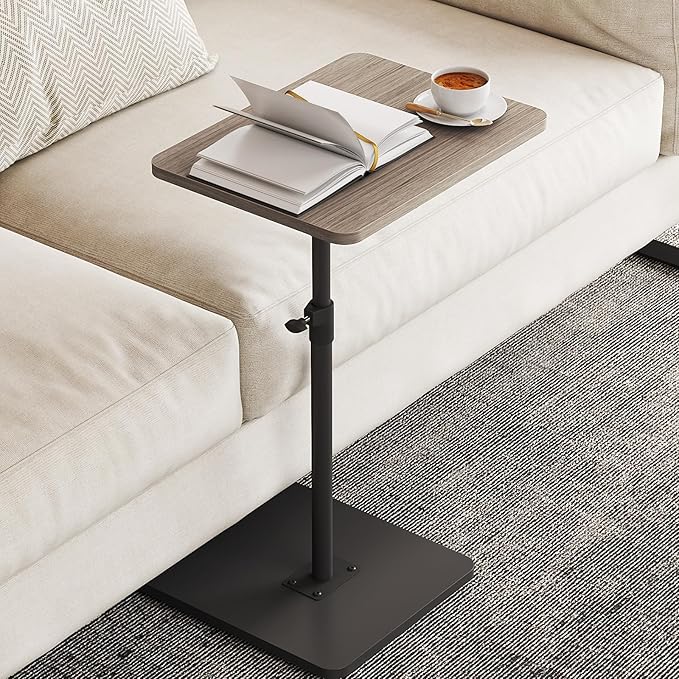 NiHome Minimalist Height Adjustable End Table, 360° Rotatable Sofa Armrest Side Tray Table, Adjustable Legs Space-Saving Couch Bedside Bathtub TV Tray C-Shaped End Table Snack Table for Eating (Gray)