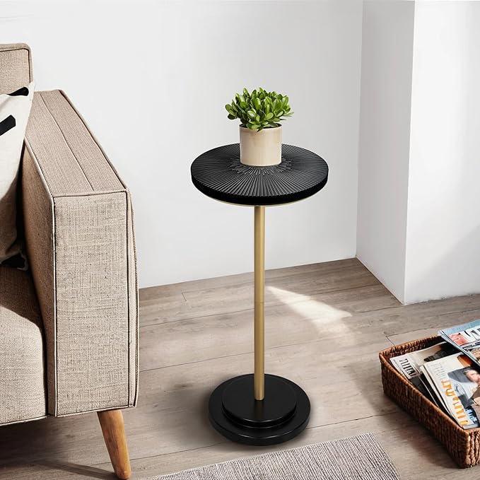 Drink Table, Small Pedestal Side Table with Wooden Carved Top for Living Room, Bedroom, Small Space, Gold and Black