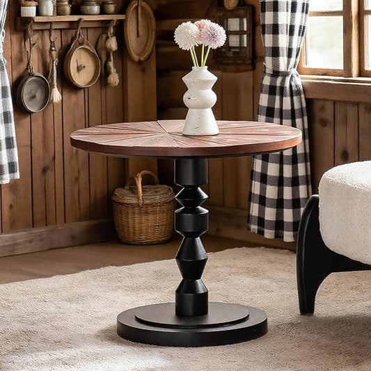 Wood Emd Table, Modern Round Side Table with Unique Top, Framhouse Accent Table for Living Room Bedroom Office (21.6 inch High)