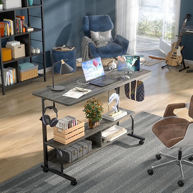 Height Adjustable Standing Desk with Power Outlets, 47" Manual Stand Up Desk with Storage Shelves Small Mobile Rolling Computer Desk Portable Laptop Table with Wheels for Home Office, Grey Oak