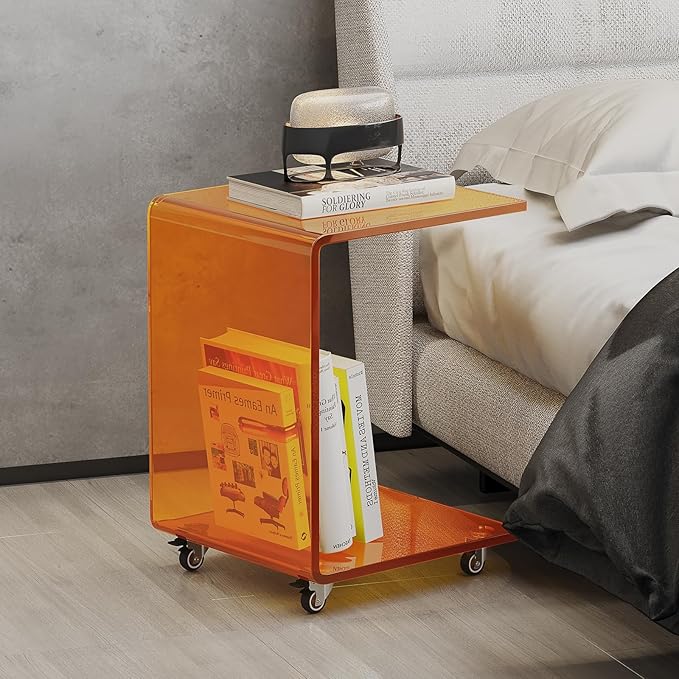 Modern C-Shaped End Table, Small Side Table, Acrylic Nightstand with Storage and Lockable Wheels for Living Room, Bedroom, Office, Bedside, Couch, and Sofa,13.38" D x 14.17" W x 21.65" H