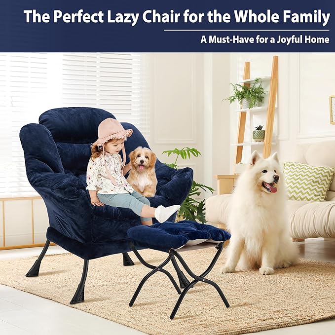 Lazy Chair with Folding Ottoman, Accent Chair Plush Upholstered with Metal Structure and Non-Slip Pads, Sofa Armchair with Footrest and Side Storage Bag for Dorm, Room, Office, Navy Blue