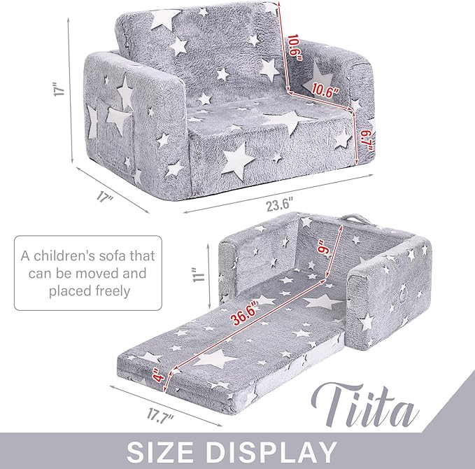 Tiita Kids Chair Couch, Folding Toddler Comfy Sofa Chairs, 2-in-1 Kids Plush Sofa Fold Out, Baby Armrest Chair Sofa to Lounger, Convertible Play Sofas to Bed for Girl or Boy, Grey Star