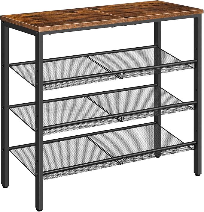 HOOBRO Shoe Rack for Entryway, 4-Tier Shoe Organizer with Adjustable Mesh Shelves, 12-16 Pairs of Shoes, Spacious Floor Mount, Metal, Industrial, Shoe Shelf for Closet, Rustic Brown BF42XJ01