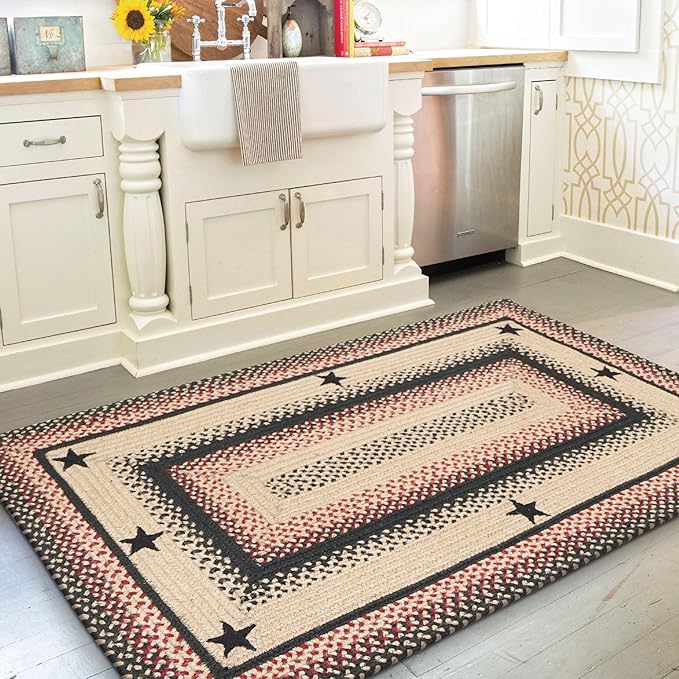 Homespice Gloucester Jute Braided Rug 27x45in Rect Black-Tan-Red Natural Jute Rug. Uses- Indoor Entryway, Kitchen Rug, Bedroom Doorway Reversible, Rustic, Country, Primitive, Farmhouse Decor