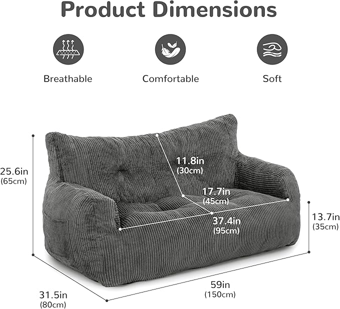 Pamapic Bean Bag Chair,2 Seat Loveseat Sofa,Ultra Soft Dutch Velvet,Fluffy Comfort Washable Cover,Corduroy Lazy Sofa Bed for Adults,Fit Living Room, Bedroom,Outdoor Spaces,Dark Grey
