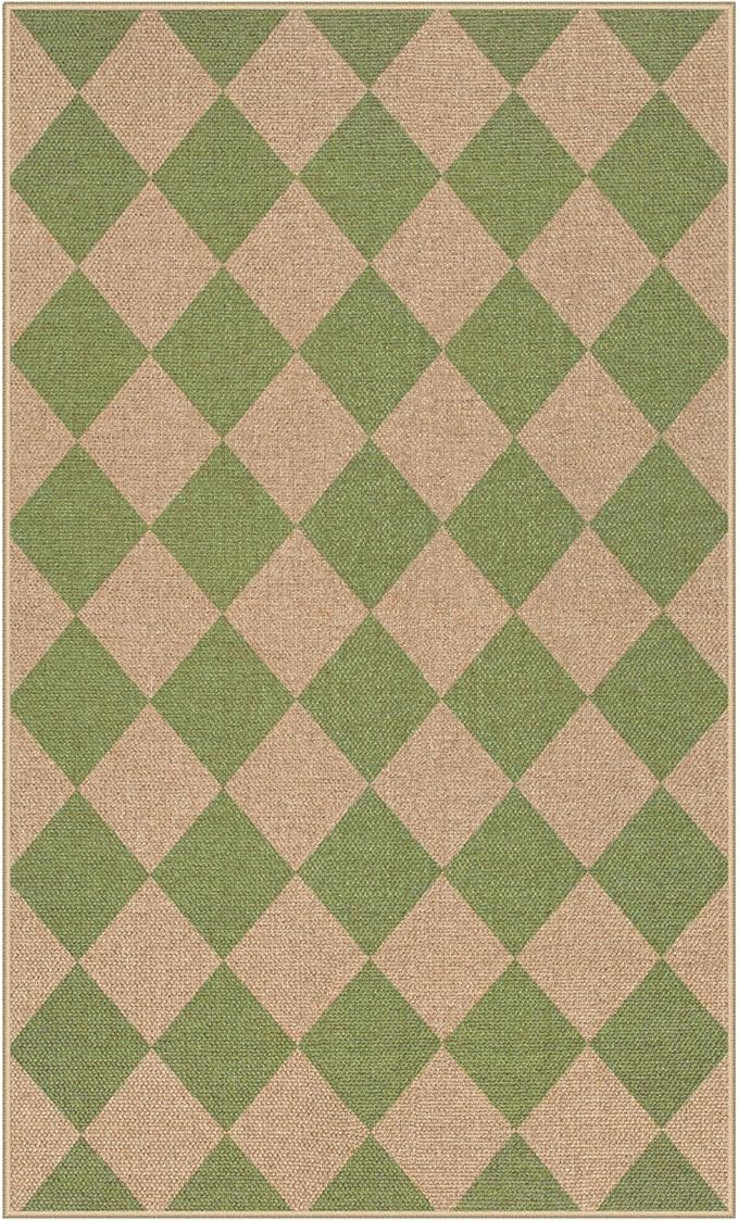 Lahome Green Checkered Easy Jute Rug, 3x5 Washable Outdoor Rug Neutral Rug for Entryway, Checkerboard Non Slip Non Shedding Floor Carpet for Living Room Front Door Porch