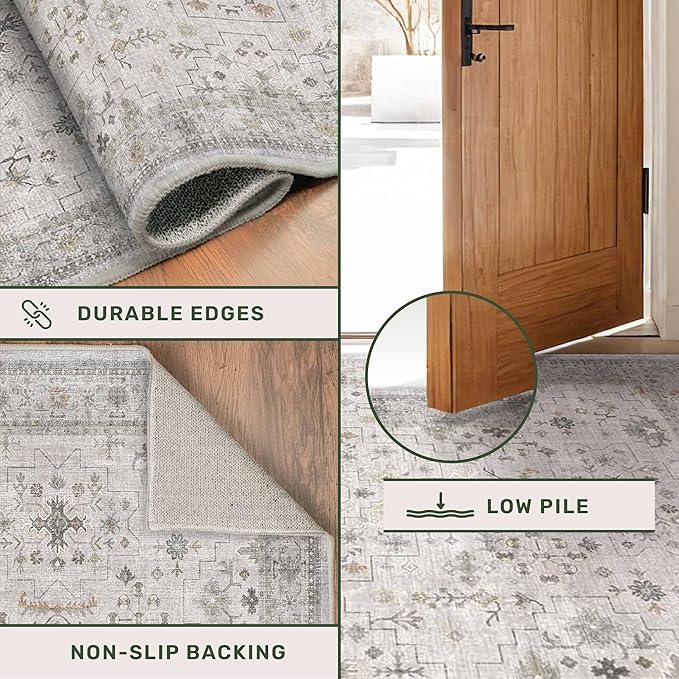 Boho Light Grey Living Room Rug 7x9 - Modern Eclectic Floral Paste Neutral Taupe, Washable Low Pile Non-Slip Large Area Rugs for Dining Under Table, Bedroom Under Bed