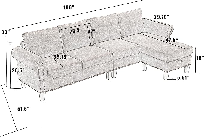 Ball & Cast 106" Convertible Sectional Sofa with Storage Chaise, Linen Upholstered 4 Seater Couch with Back Cushions and Removable Ottoman for Living Room, Apartment, Office,Beige