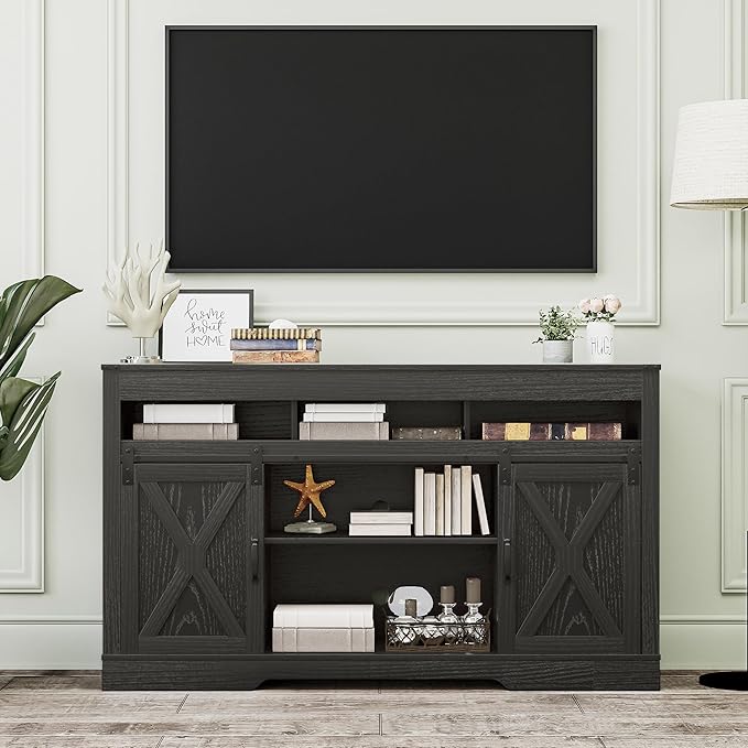 RoyalCraft Farmhouse TV Stand with Sliding Barn Door for TVs up to 65+ Inch, 34" Tall Entertainment Center, Wood Media Console Storage Cabinet for Bedroom, Living Room, Black