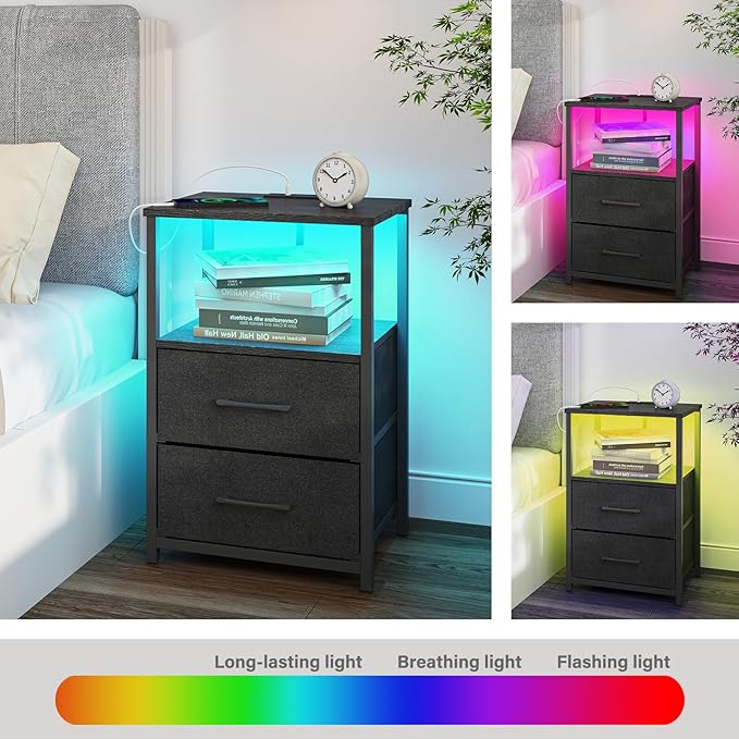 TUTOTAK LED End Table with Charging Station, Nightstand with Cloth Drawer, Side Table with 1 USB Port and 1 Type-C Port, Set of 2, Couch Table, Black TB01BK052L