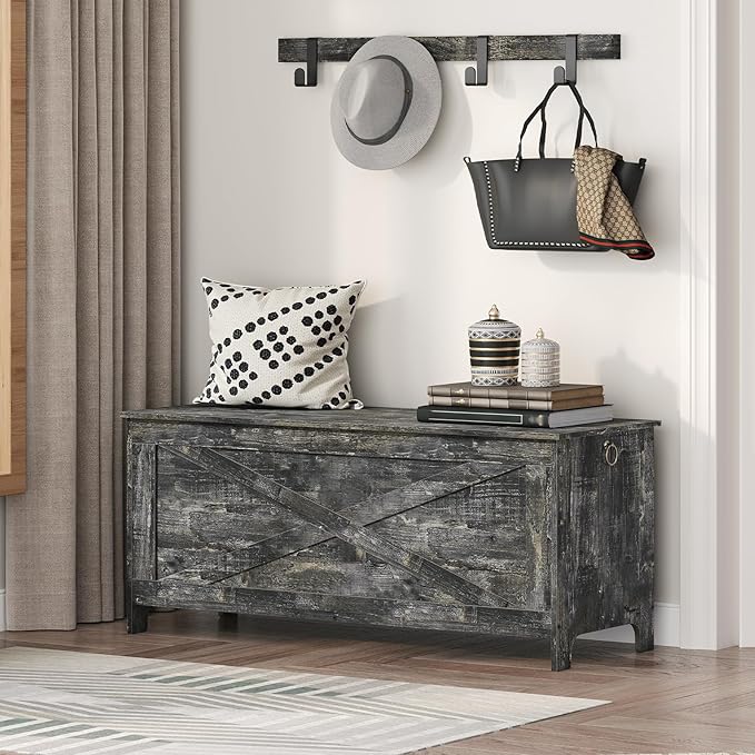 47.2" Toy Chest, Sturdy Entryway Storage Chest with Safety Hinges, Retro Toy Box, Wooden Look Accent Furniture for Living Room, Bedroom, Vintage Gray SCRP48801