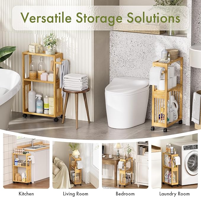 AmazerBath Slim Toilet Paper Holder with Storage Shelf Bamboo - Small Bathroom Storage Cabinet Next to Toilet, Skinny Shelf for Small Spaces, 3 Tier Rolling Stand for Bathroom Kitchen, Natural Color