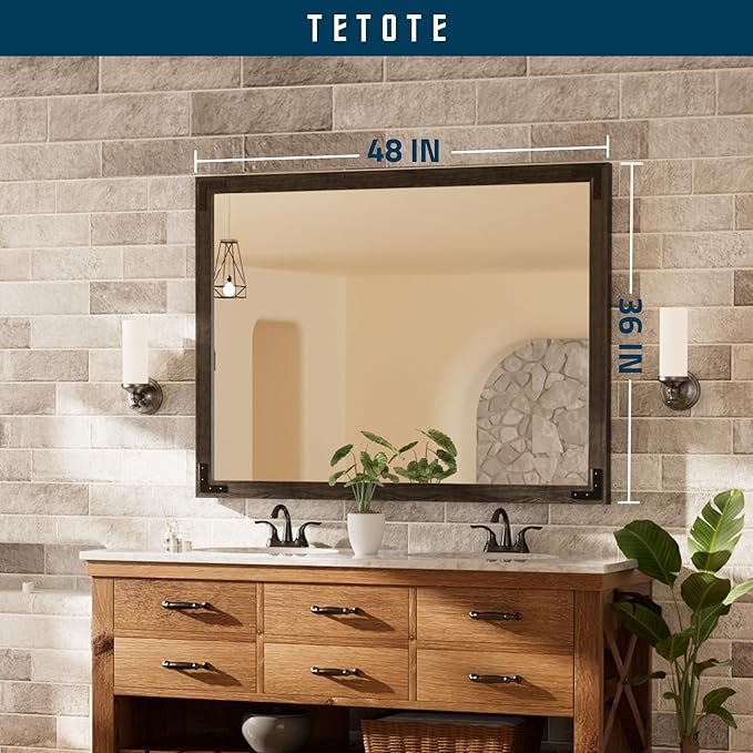 TETOTE 48 x 36 Black Wood Framed Mirror for Bathroom Wall/Bedroom/Living Room/Entryway Farmhouse Rustic Bathroom Vanity Mirror Waterproof (Horizontal/Vertical Mounted)