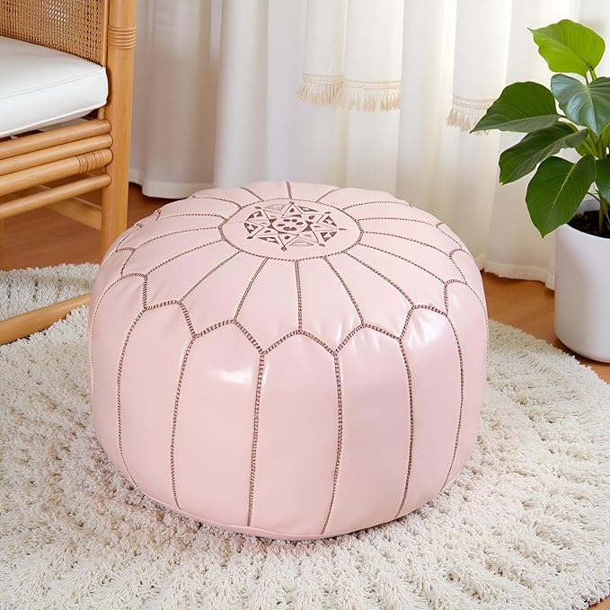 Stuffed Round Design Moroccan Leather Pouf Ottoman, Handmade, Pre-Filled, 100% Genuine Leather, 13” Height x 20” Diameter, Footstool & Living Room Décor (Papaya)