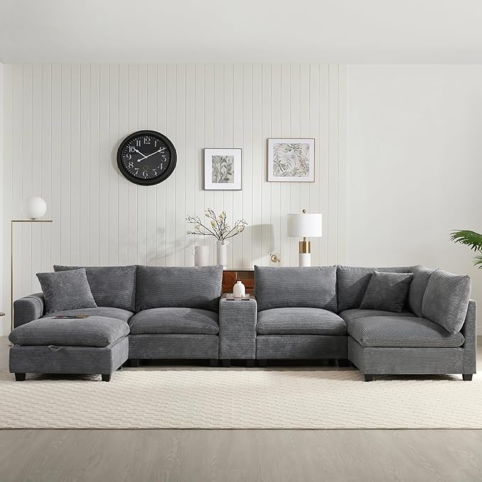 Merax 140'' Oversized Modular Sectional Sofa with Storage Ottoman and Console, Removable Storage Pockets, Cup Holder, Wide Seat, USB Charger, 6 Seat U Shaped Chenille Couch Set for Living Room, Gray