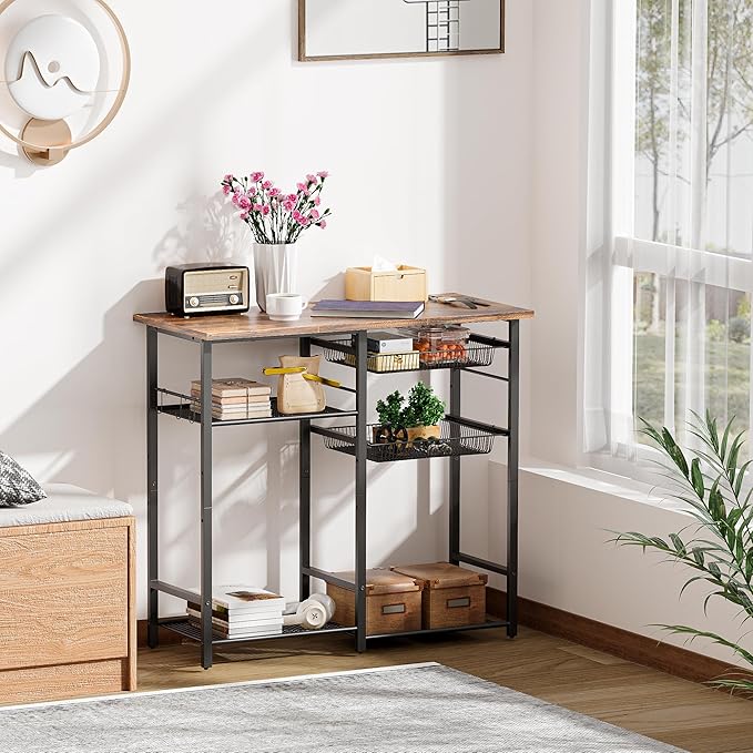 Kitchen Baker’s Rack, Microwave Stand with 2 Mesh Basket, Coffee Bar, 6 S-Shaped Hook, for Kitchen Storage Shelf, Living Room, Rustic Brown and Black