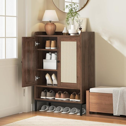Rattan Shoe Cabinet Storage for Entryway, Shoe Cabinet with Adjustable Shelves for Entryway, 5-Tier, 20 Pair Shoe Rack Storage for Hallway, Closet, Living Room, Brown