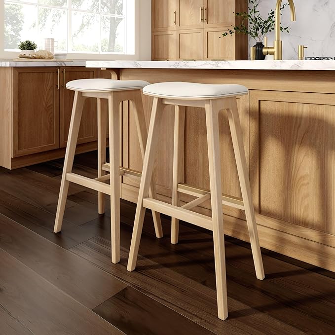 Plank+Beam Beryl Bar Height Stool - Mid-Century Modern Rubberwood Bar Stool with Faux Leather Seat, Metal Footrest, Easy Assembly, 4-Pack, Blonde/Sesame