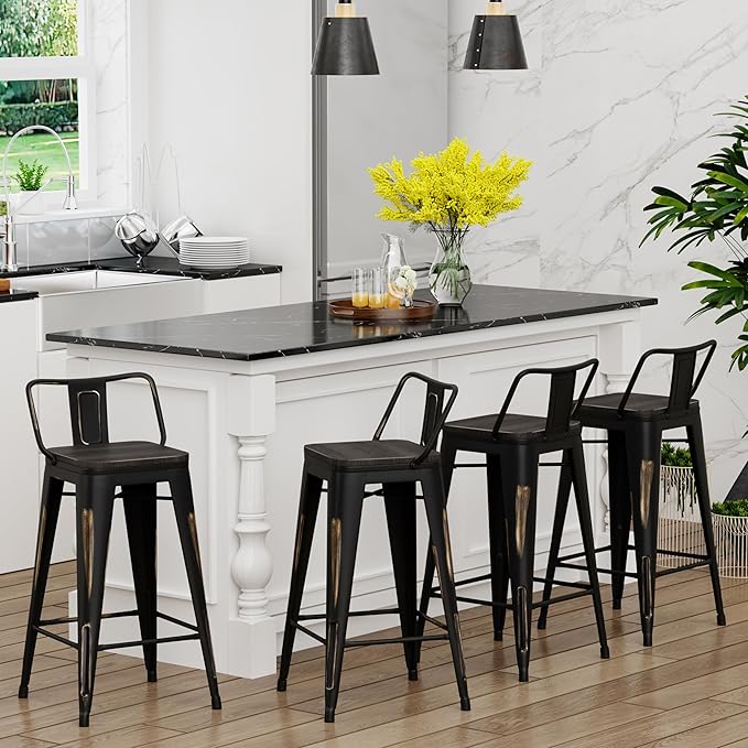 Yongchuang 26 inch Metal Bar Stools Set of 4 Counter Bar Stools Distressed Gold Black Wood Top Low Back