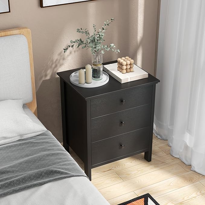 KOMFOTT 3 Drawers Nightstand, Wooden Bedside Table, Modern Sofa Side End Table, Space-Saving Telephone Table, Chest of Drawers for Living Room, Bedroom & Office (1, Black)