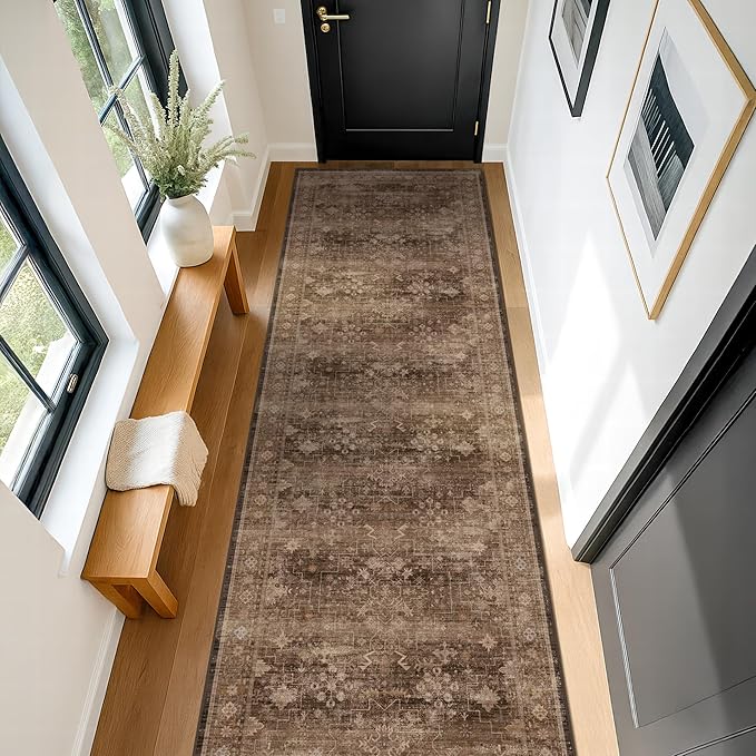 Brown Neutral Boho Washable 3x12 Extra Long Hallway Runner Rug, Waterproof Large Kitchen Floor Rug Indoor, Non-Slip Stain & Fade Resistant, Vintage Dark Earthy Taupe Decor