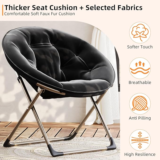 Comfy Saucer Chairs, Black Folding Reading Lounge Chair, Cozy Faux Fur Living Room Chair with Soft Thick Padded Seat & Metal Frame, Modern Style Bedroom Home for Kids Adults, X-Large, Gold Legs
