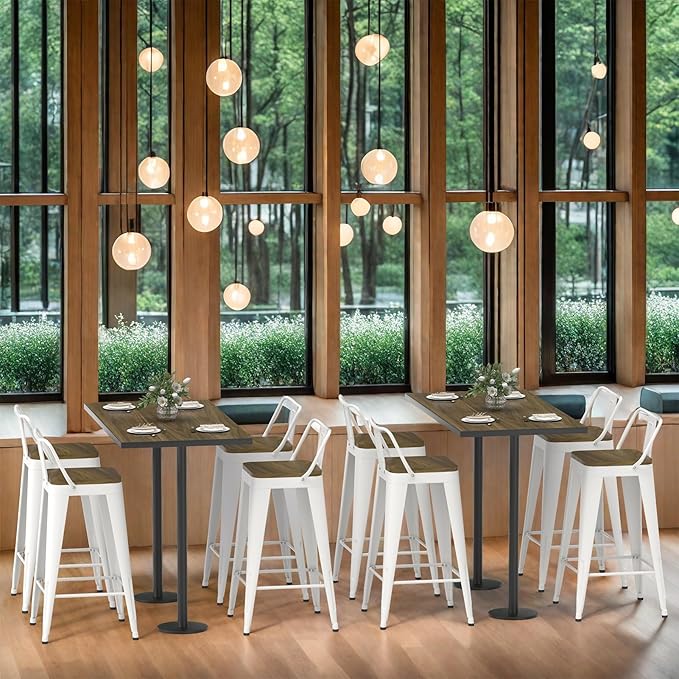 White Bar Stools Set of 4, Metal Bar Stools with Wooden Seat, Modern 24”Counter Height Barstools with Low Back