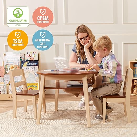 ECR4Kids Hideaway Table and Chair Set, Kids Furniture, Dark Walnut/Antique White, 3-Piece
