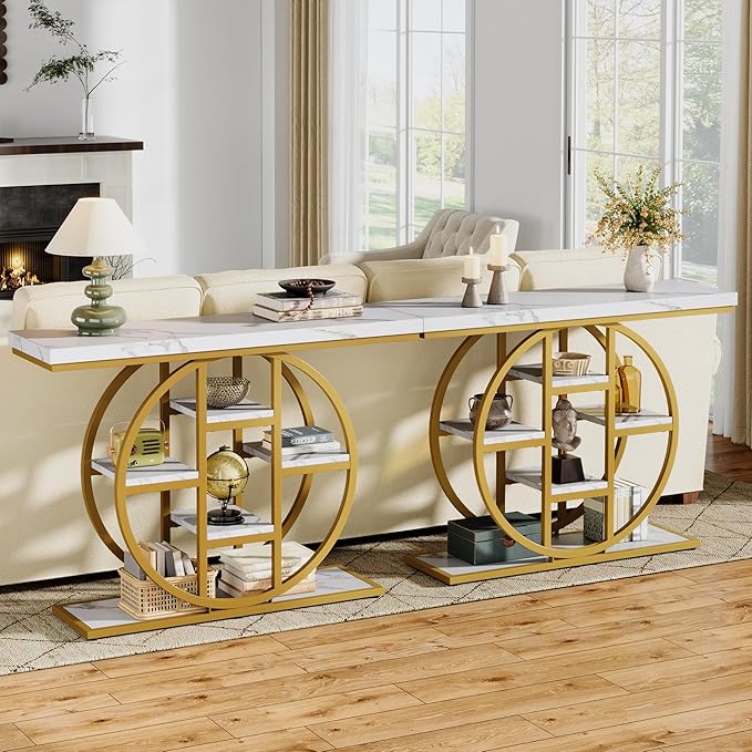 41" Console Table, 4-Tier Entryway Table with Circle Base, Industrial Narrow Wood Sofa Accent Tables with Storage Shelves for Living Room, Hallway, Foyer (White Gold)