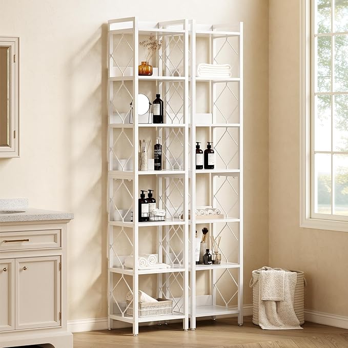 LITTLE TREE Book Shelf Set of 2, 7-Tier Tall Bookcase, Wooden Display Shelves with Metal Frame for Living Room, Modern Narrow Standing Bookshelves for Bedroom, White Office Shelf for Small Spaces