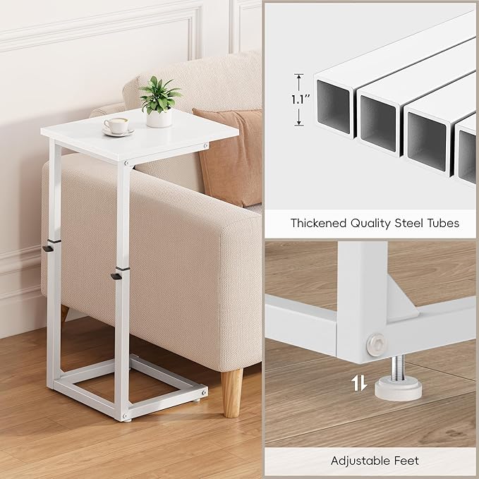 Vagusicc C Shaped End Table, 33" Tall Couch Table Adjustable Height Side Table, Sofa Table That Slide Under, C Table End Table TV Tray Coffee Arm Table for Living Room, Bedroom, Small Spaces, White