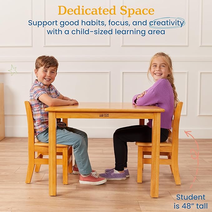 ECR4Kids 30in x 30in Square Hardwood Table and Chair Set, 12in Seat Height, Kids Furniture, Honey