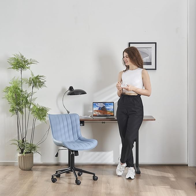 YOUNIKE Blue Home Office Desk Chair with Wheels Compact Comfy Armless Vanity Chair with Back Modern Small Leather Upholstered Rolling Task Chair Cute Computer Drafting Sewing Chair Swivel Adjustable