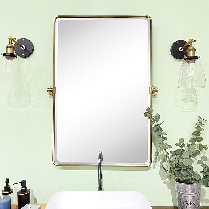 TEHOME 27 x 35'' Gold Pivot Mirror Brushed Champagne Gold Tilt Rectangle Bathroom Mirror Tilting Beveled Vanity Mirrors for Wall