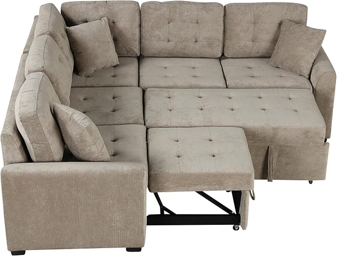 82" Convertible Sleeper Sofa with Pull-Out Bed,L-Shape Chaise Couch W/USB Ports & Power Sockets,Space Saving,Easy Assembly,Modern Corner Reversible Furniture Set for Living Room,Khaki Velvet