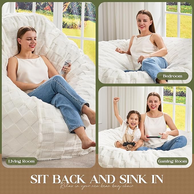 Hobestluk Bean Bag Chairs Beanbag Chair with Filler Adult Bean Bags with Fluffy Cover, Giant Bean Bag Chairs for Adults for Living Room, Bedroom (White, 6FT - 70" x 70" x 15")