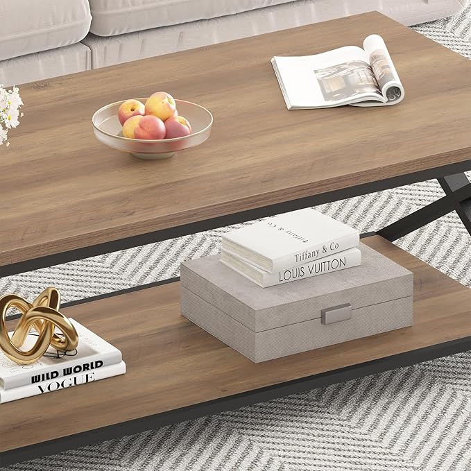 HSH Rustic Wood Coffee Table, Modern Farmhouse Living Room Table, Minimalist Center Table with Storage & Display Shelf, 2 Tier Simple Rectangle Cocktail Tea Table for Home Office Bedroom, 47 Inch