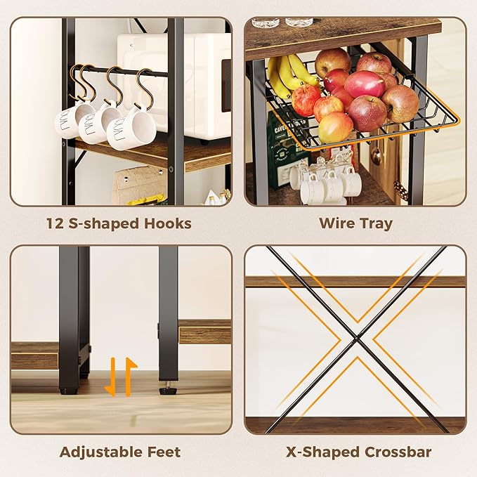 SUPERJARE Larger Bakers Rack with Power Outlets, 6-Tier Microwave Stand, Coffee Bar with 12 S-Shaped Hooks, Kitchen Shelf with Wire Basket, 47.2 x 15.5X 66.9 Inches, Rustic Brown