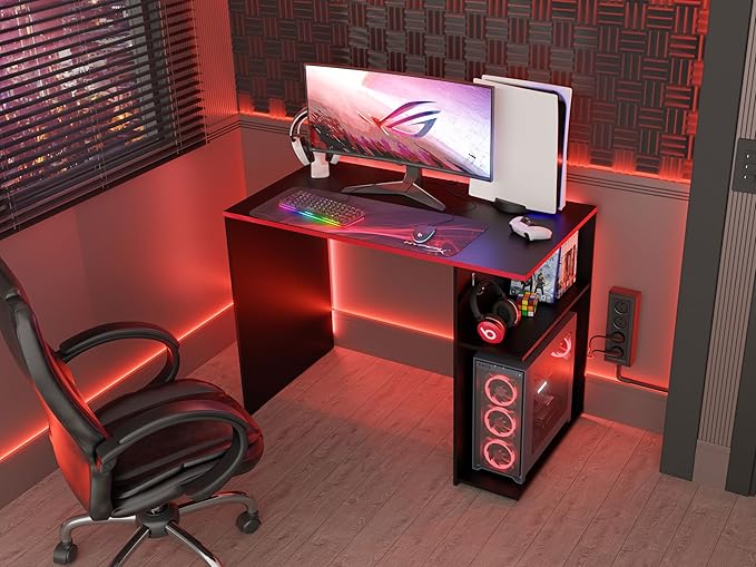 Madesa Gaming Computer Desk 39 Inch with 2 Shelves and Headphone Hanger Wooden Sturdy Home Office Table for Kids and Adults - Black/Red