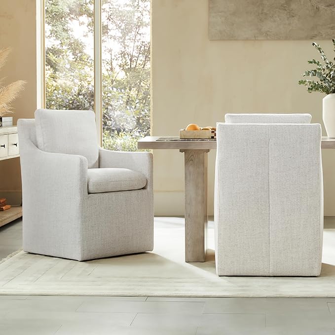 Upholstered Dining Chairs with Casters No Assembly Modern Accent Armchair with Rollers for Diningroom Bedroom Livingroom Reading Room,Linen,2 Boxs