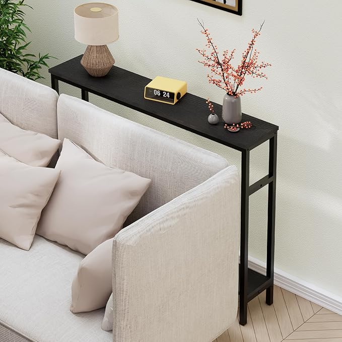 Narrow Console Table, 39.4” Sofa Table with Adjustable Shelf, 2-Tier Long Skinny Table for Hallway, Entryway, Living Room, Foyer, Black