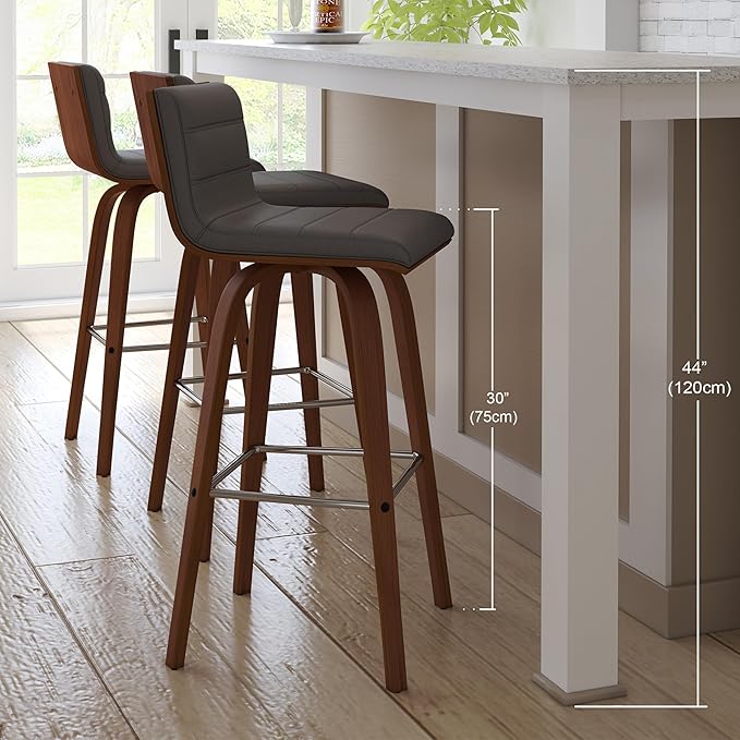Vienna 30" Swivel Bar Stool in Walnut Wood Finish with Gray Faux Leather - Set of 3