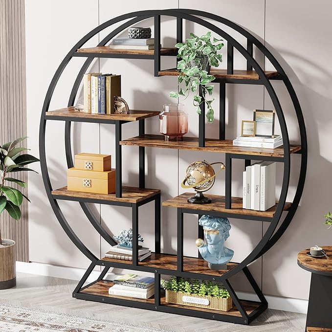Tribesigns Bookshelf, Round Bookshelves Etagere Bookcase, 63 Inch Industrial Wood Book Shelf with Staggered Shelves, Rustic Open Shelving Organizer Rack Display Shelf for Home Office, Living Room